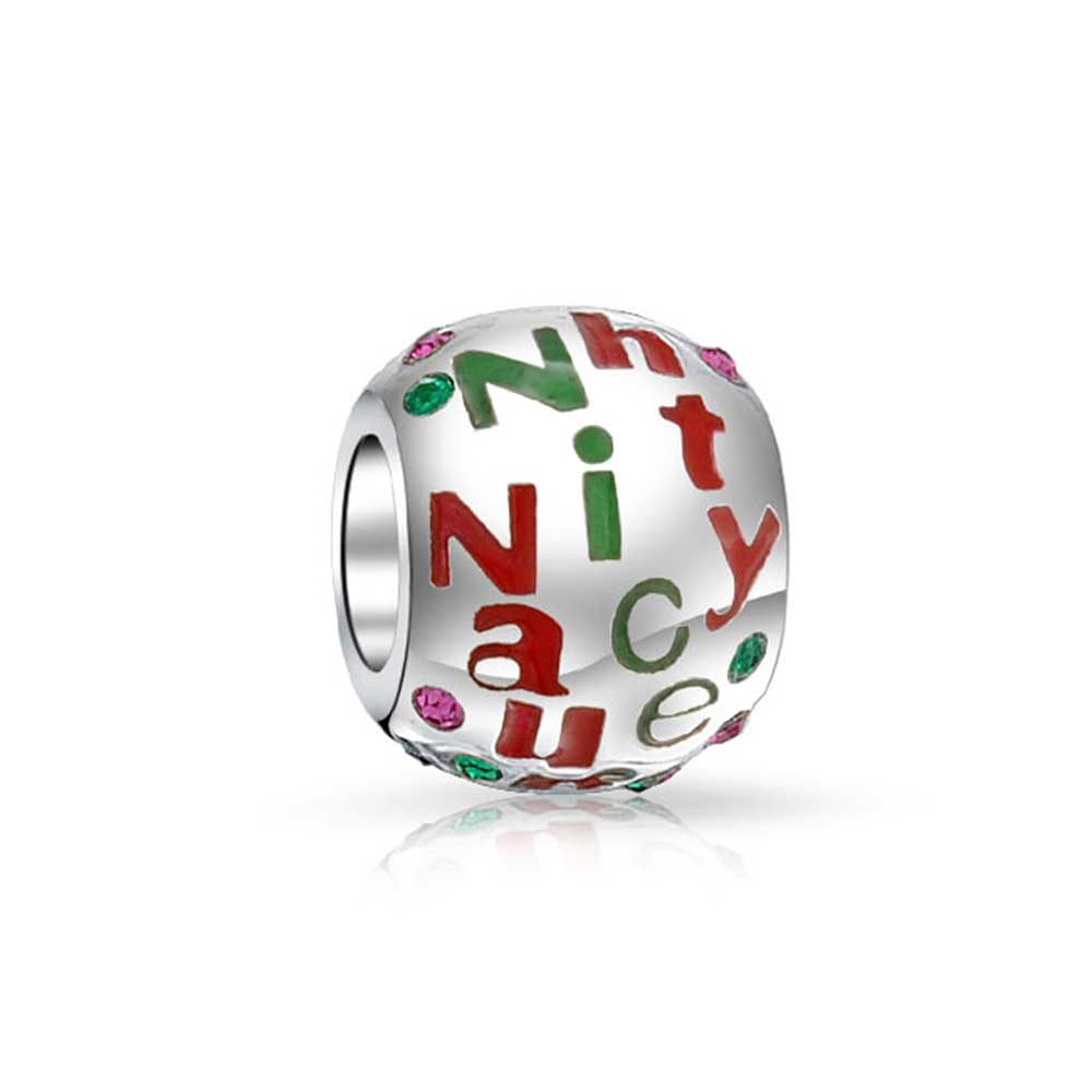 Christmas Red Green Naughty Nice Crystal Charm Bead Sterling Silver - Joyeria Lady