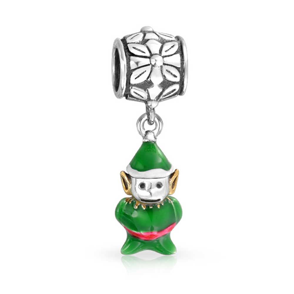 Christmas Santas Helper Green Elf Dangle Charm Bead Sterling Silver - Joyeria Lady