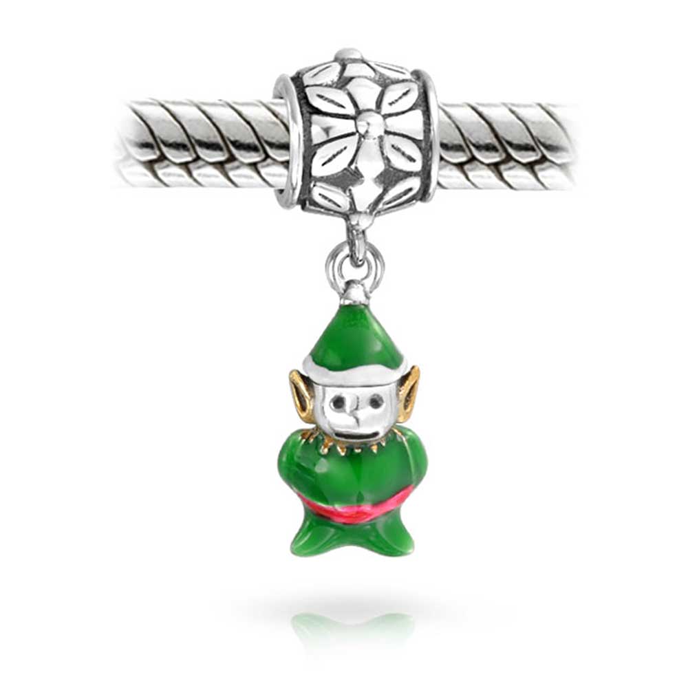 Christmas Santas Helper Green Elf Dangle Charm Bead Sterling Silver - Joyeria Lady