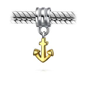 Boat Anchor Dangle Charm Bead 2 Tone Gold Plated Sterling Silver