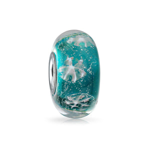 Holiday Snowflake Murano Bead Charm Glass Sterling Silver