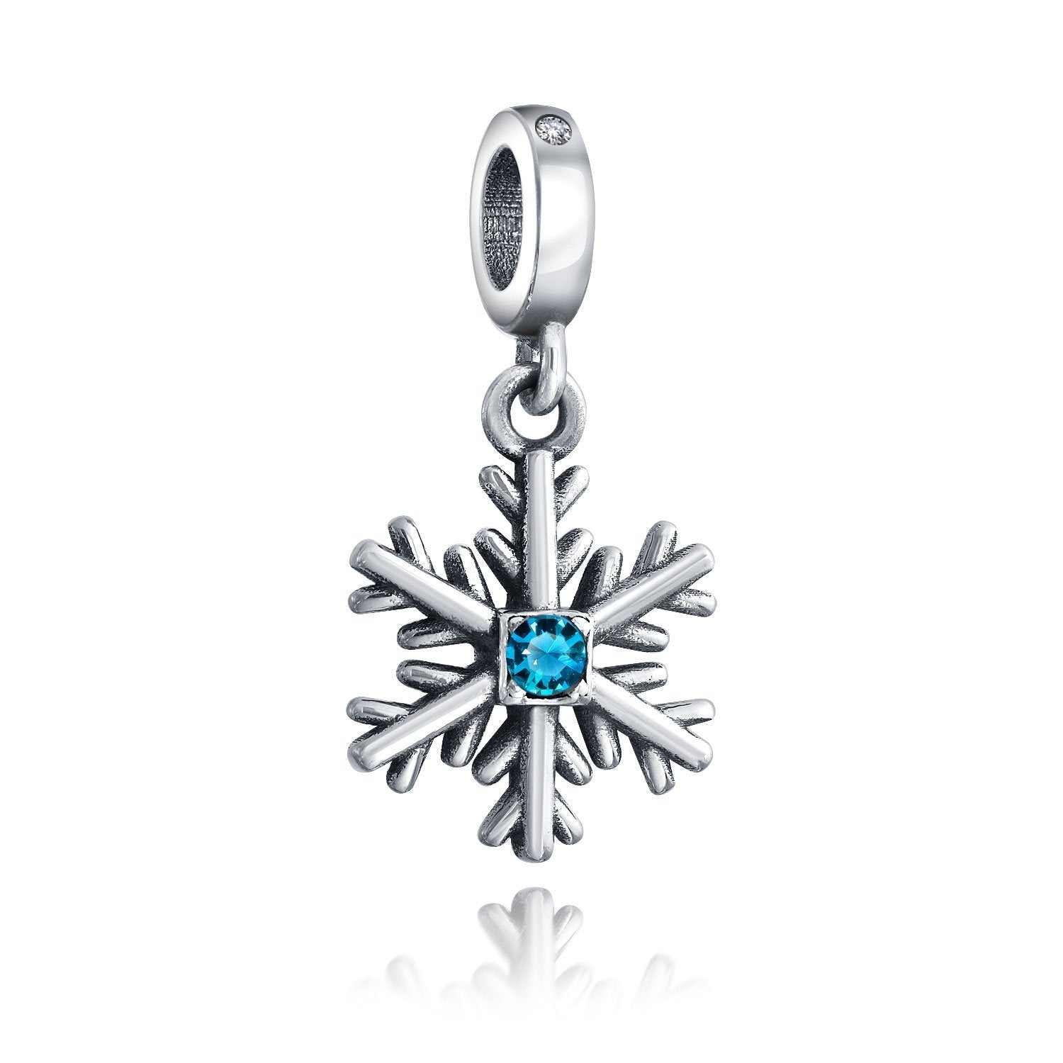Winter Snowflake Blue CZ Dangle Bead Charm 925 Sterling Silver - Joyeria Lady
