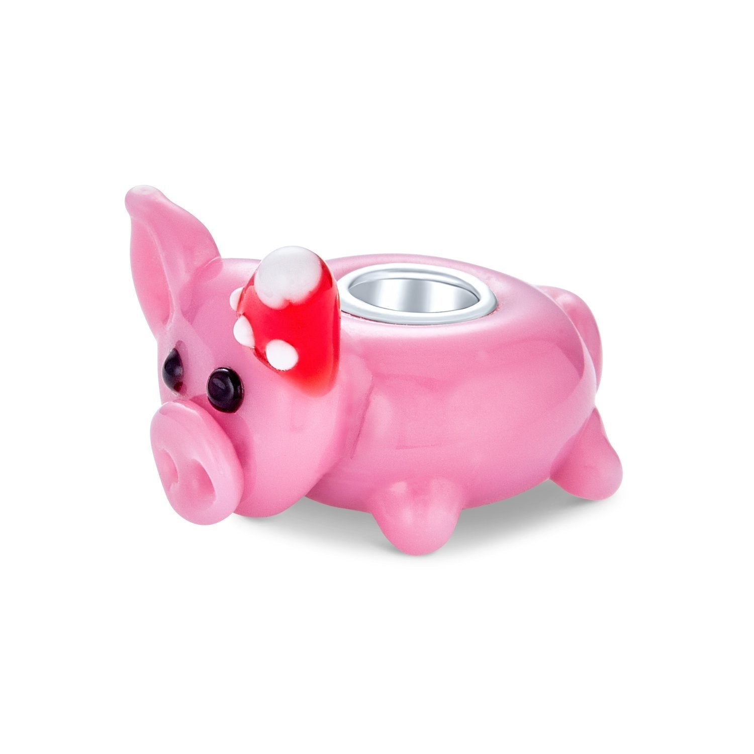 Santa Hat Pink Pig 3D Lamp Murano Glass Bead Charm Sterling Silver - Joyeria Lady