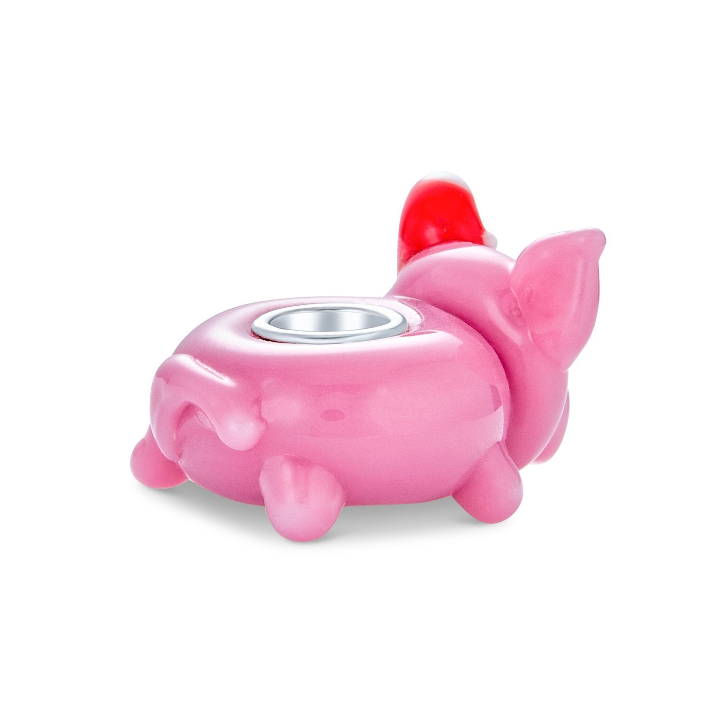 Santa Hat Pink Pig 3D Lamp Murano Glass Bead Charm Sterling Silver - Joyeria Lady
