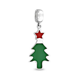 Holiday Christmas Red Green Tree Dangle Charm Bead 925 Sterling Silver