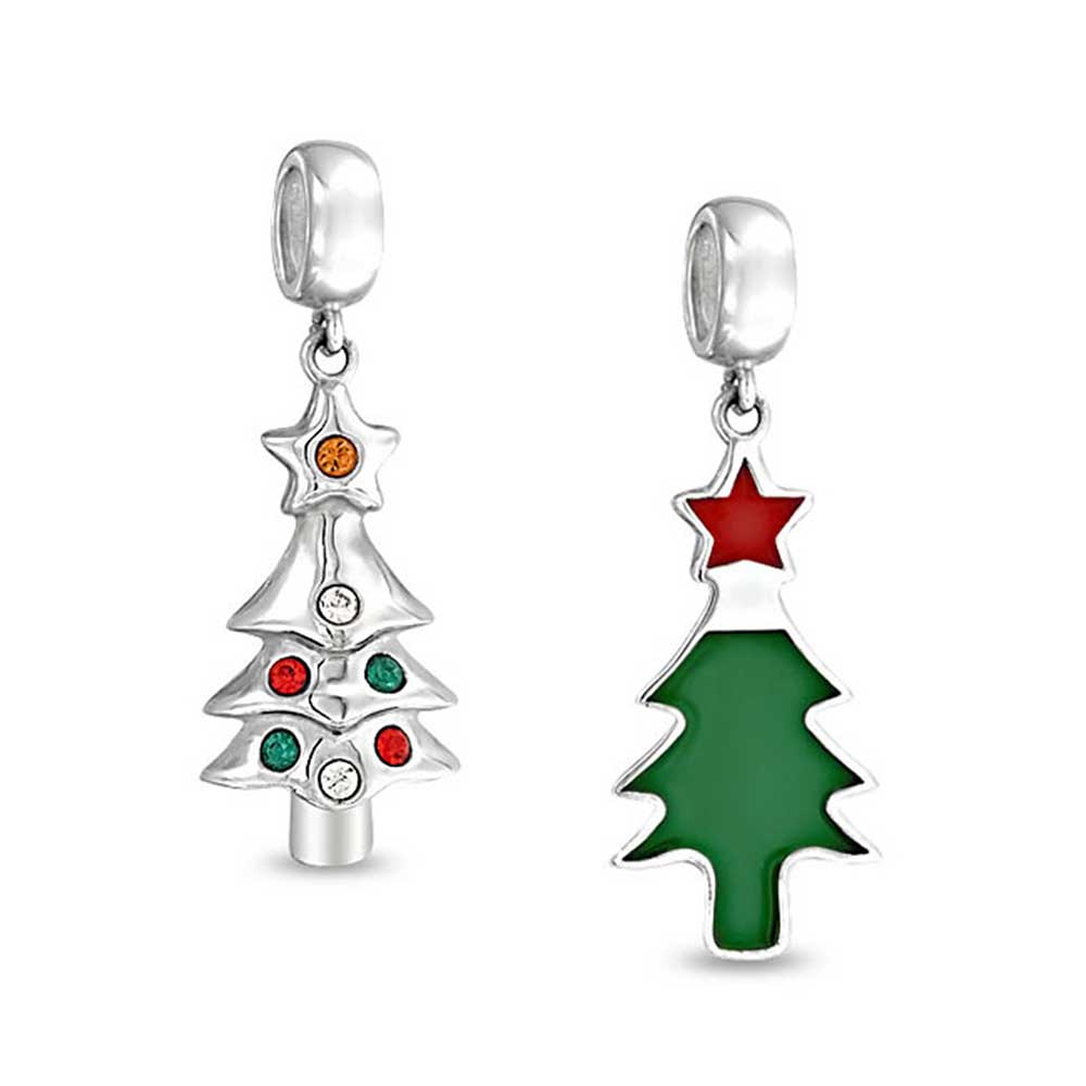 Holiday Christmas Red Green Tree Dangle Charm Bead 925 Sterling Silver - Joyeria Lady