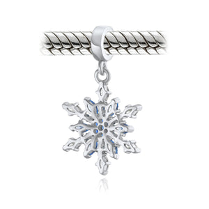Winter Snowflake Blue CZ Dangle Bead Charm 925 Sterling Silver