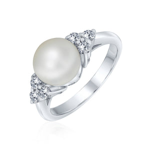 CZ White Freshwater Cultured Pearl Engagement Ring 925 Sterling Silver - Joyeria Lady