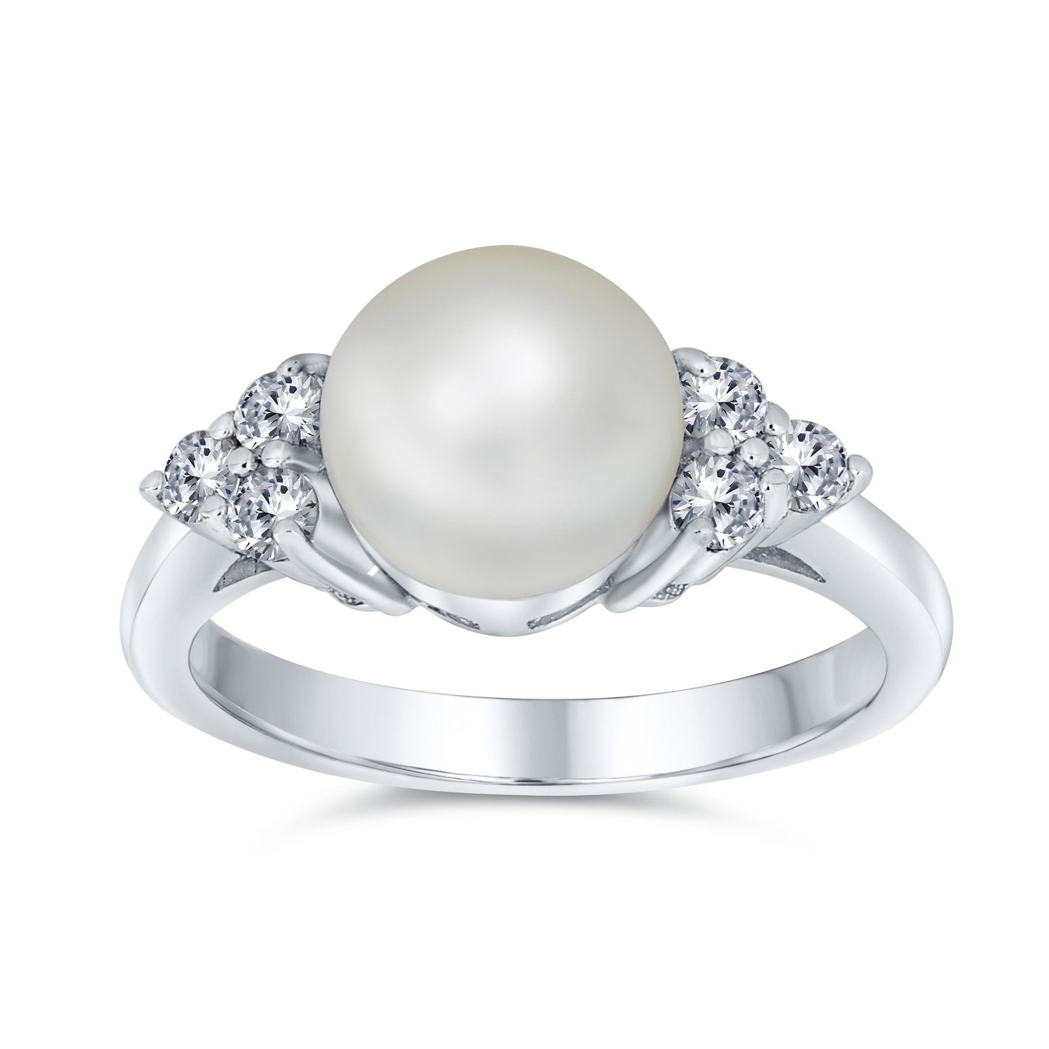 CZ White Freshwater Cultured Pearl Engagement Ring 925 Sterling Silver - Joyeria Lady