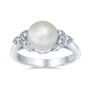 CZ White Freshwater Cultured Pearl Engagement Ring 925 Sterling Silver