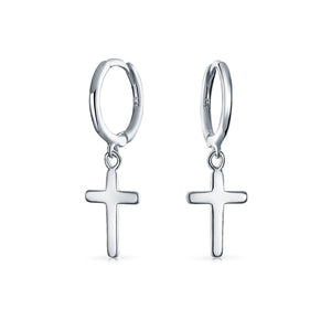 Religious Charm Cross Kpop Hoop Earrings Rose Gold Sterling Silver - Joyeria Lady