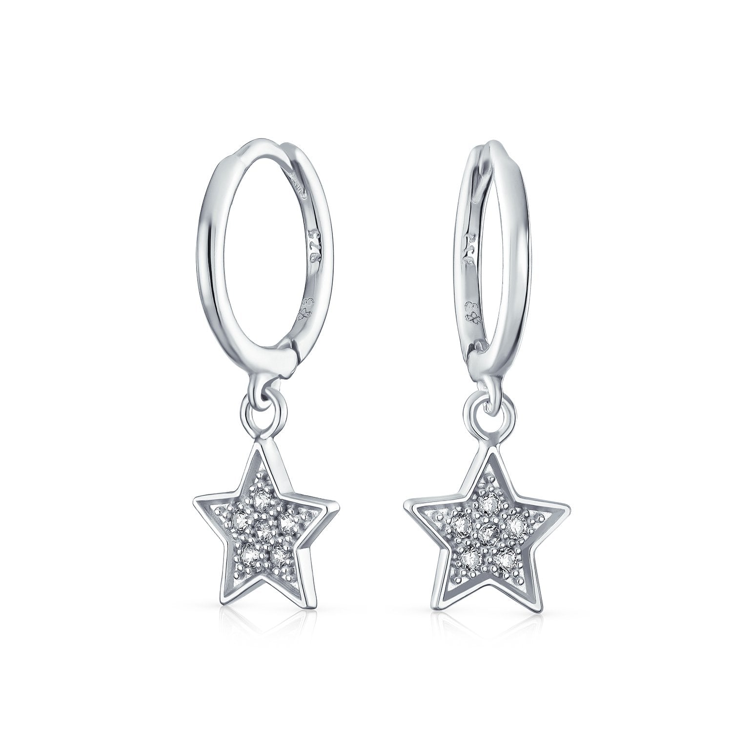 Pave CZ USA Patriotic Star Hoop Kpop Earrings Sterling Silver - Joyeria Lady