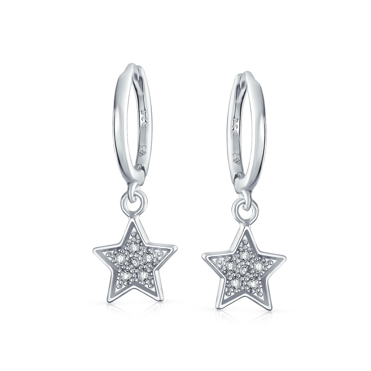Pave CZ USA Patriotic Star Hoop Kpop Earrings Sterling Silver - Joyeria Lady