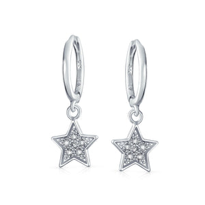 Pave CZ USA Patriotic Star Hoop Kpop Earrings Sterling Silver