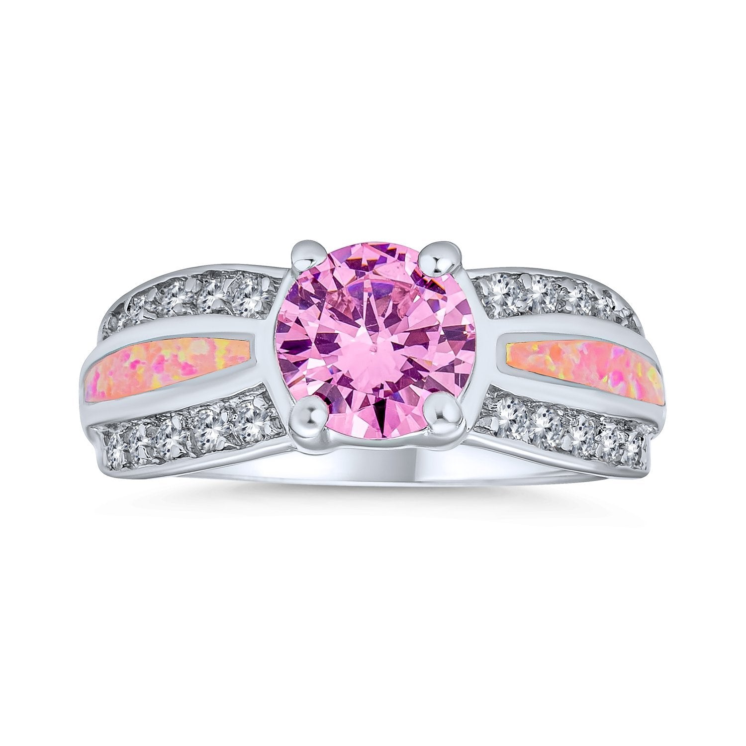Pink Created Opal Inlay Solitaire Engagement Ring 925 Sterling Silver - Joyeria Lady