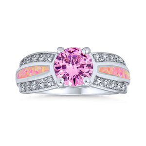 Pink Created Opal Inlay Solitaire Engagement Ring 925 Sterling Silver - Joyeria Lady