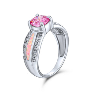 Pink Created Opal Inlay Solitaire Engagement Ring 925 Sterling Silver