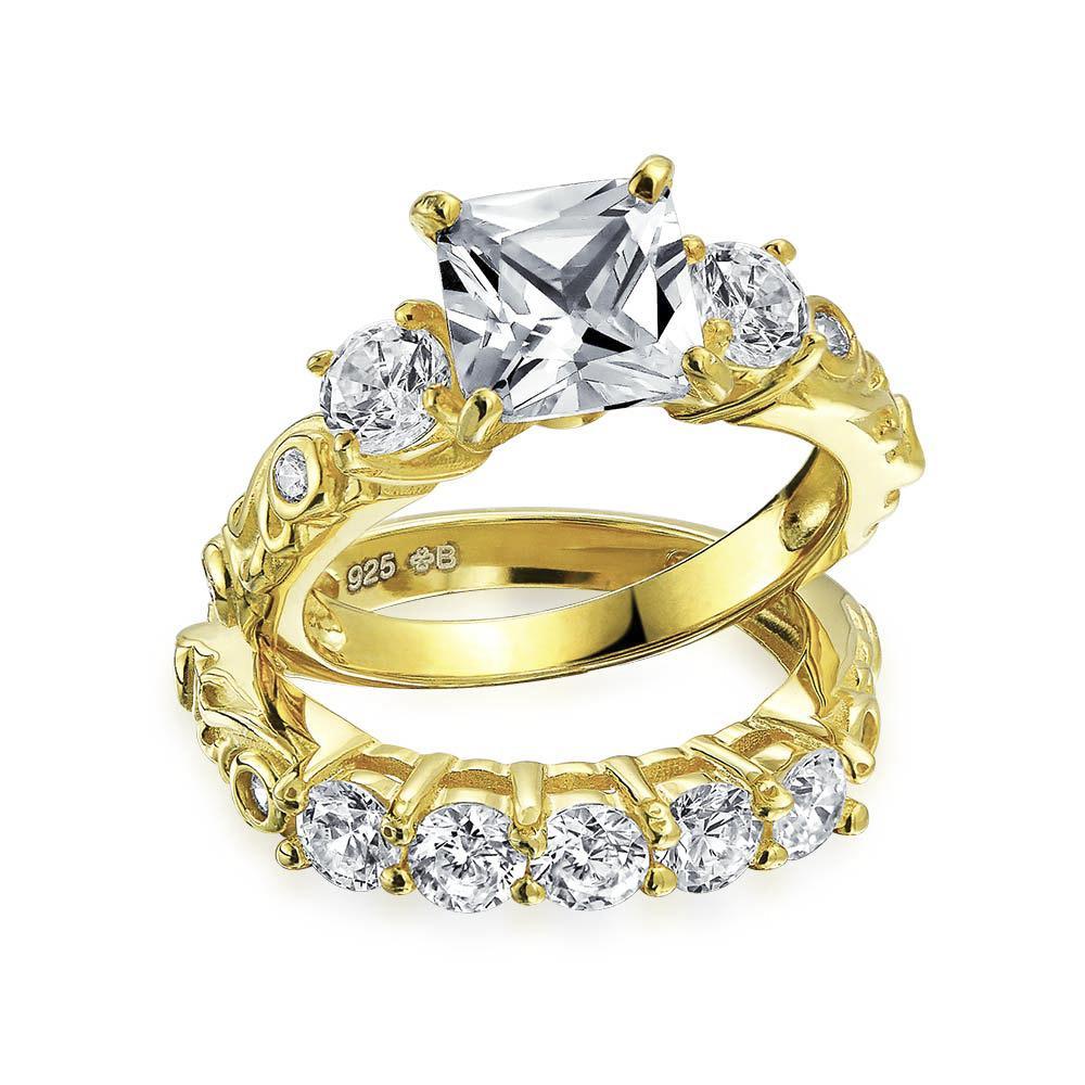 3CT CZ Square Princess AA Engagement Wedding Ring Band Set Gold Plated - Joyeria Lady
