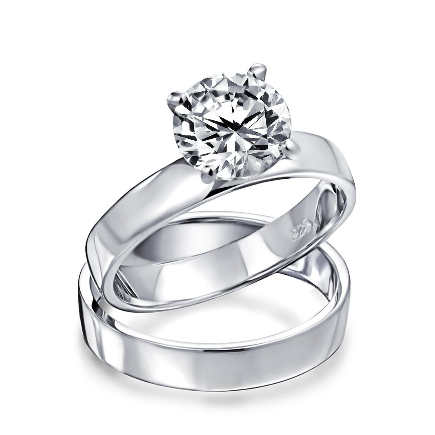2CT Solitaire Band AAA CZ Engagement Wedding Ring Set Sterling Silver - Joyeria Lady