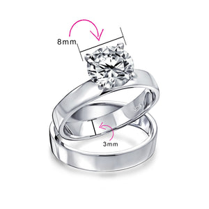 2CT Solitaire Band AAA CZ Engagement Wedding Ring Set Sterling Silver