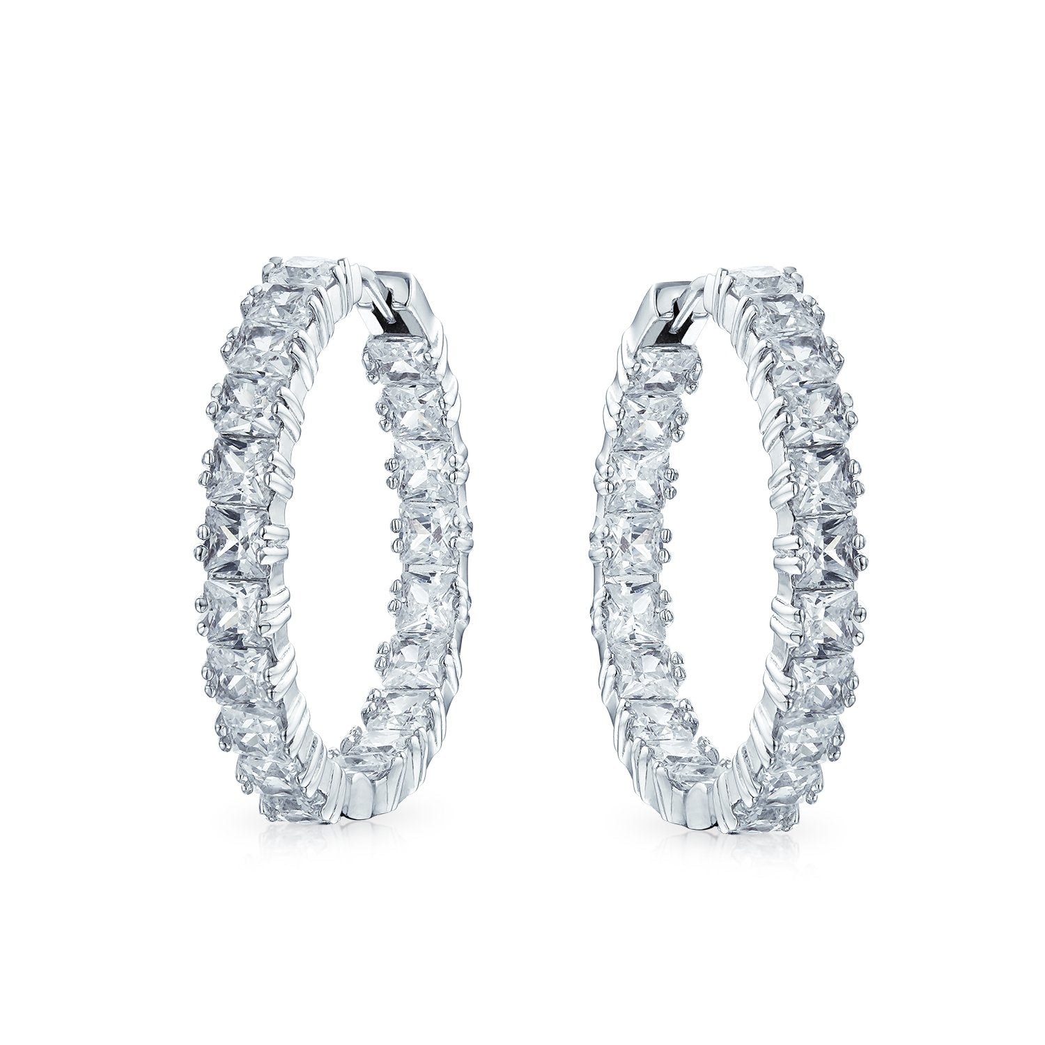 Bridal Princess Cut AAA CZ Inside Out Hoop Earrings Silver 1.25 Dia - Joyeria Lady