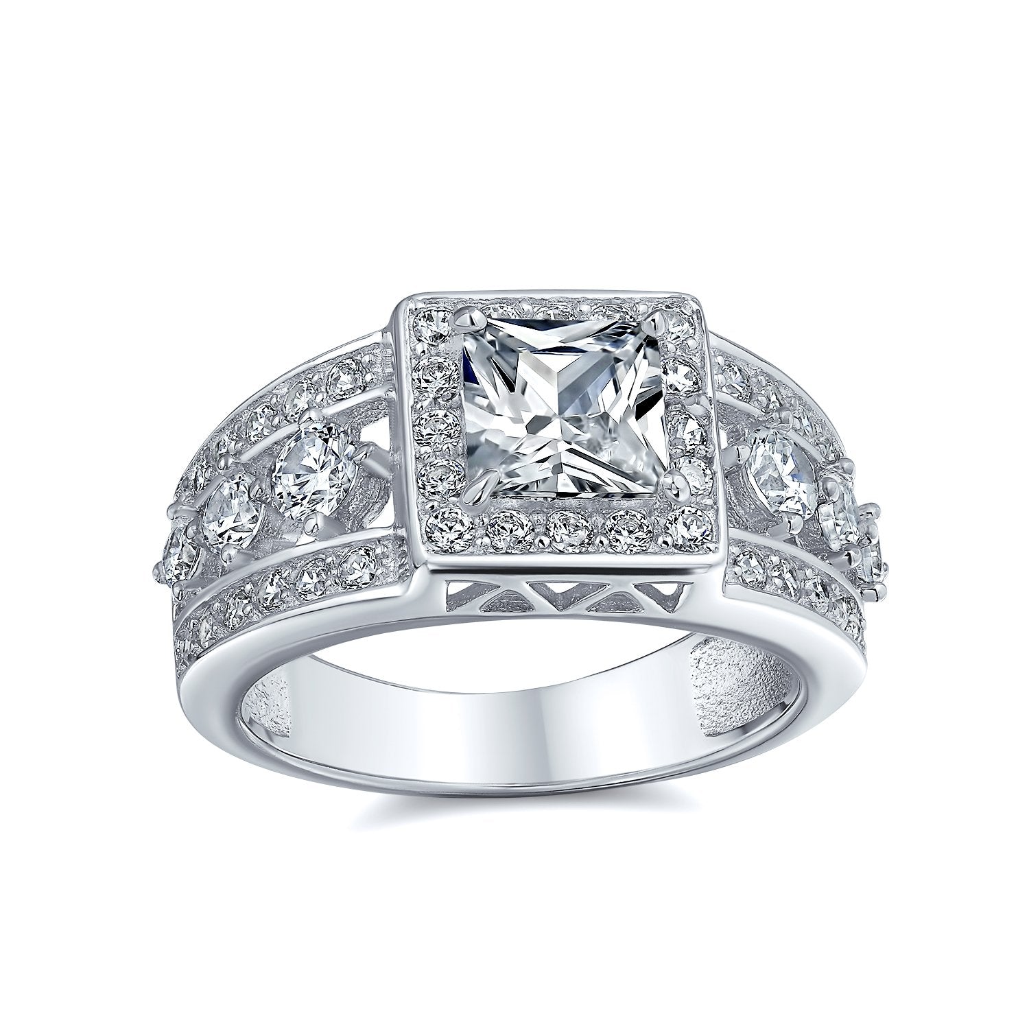 Princess Halo AAA CZ Engagement Ring 3 Row Band Sterling Silver Ring - Joyeria Lady