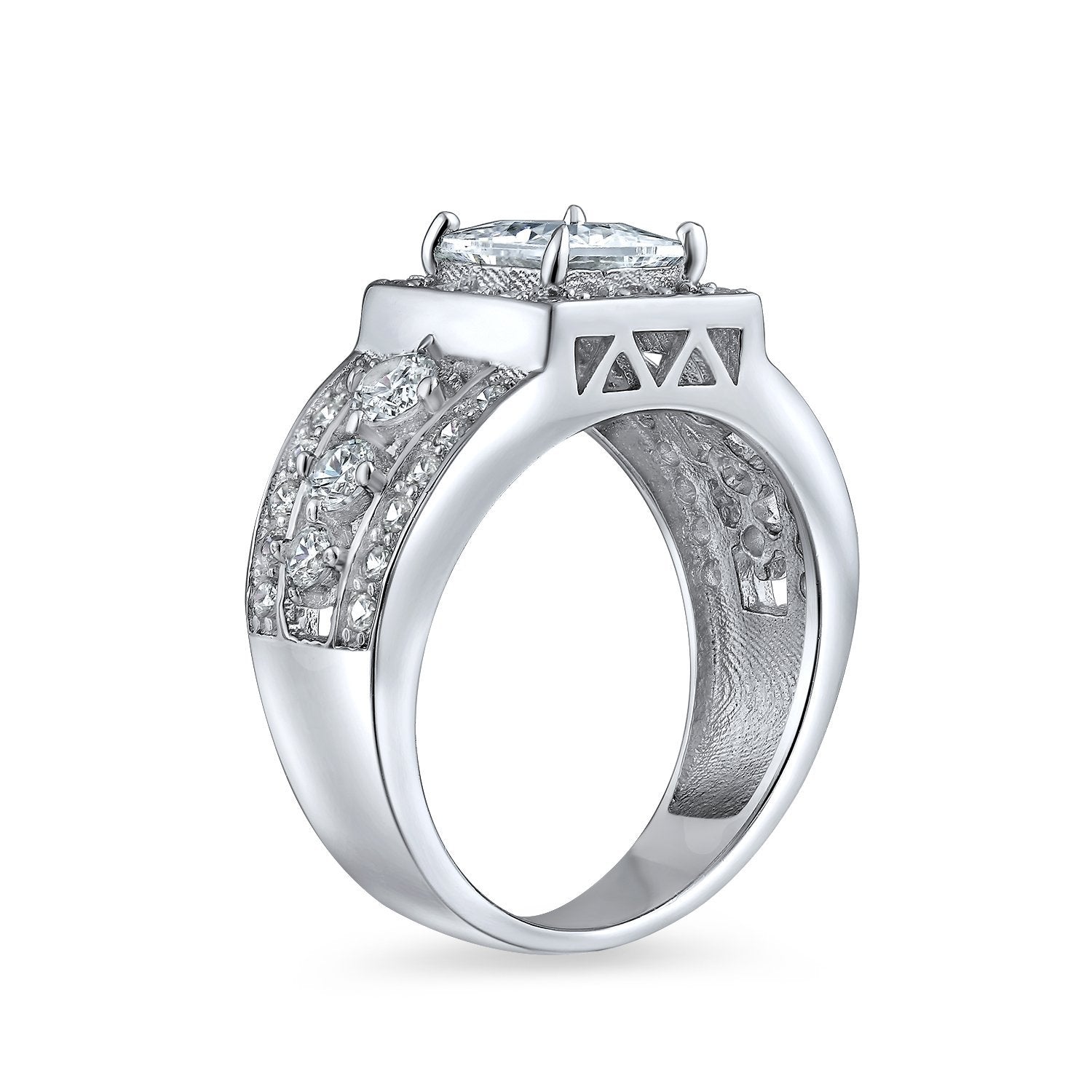 Princess Halo AAA CZ Engagement Ring 3 Row Band Sterling Silver Ring - Joyeria Lady