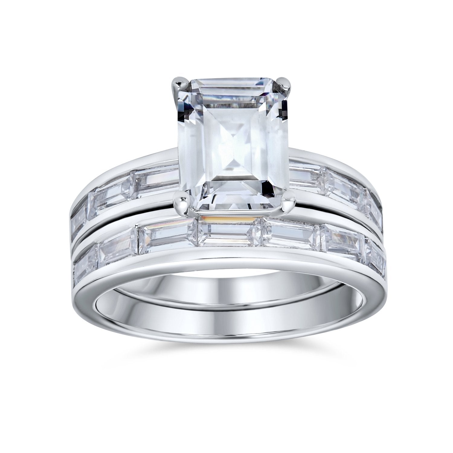 Art Deco 2CT Emerald Cut Baguette Band AAA CZ Engagement Ring Set - Joyeria Lady