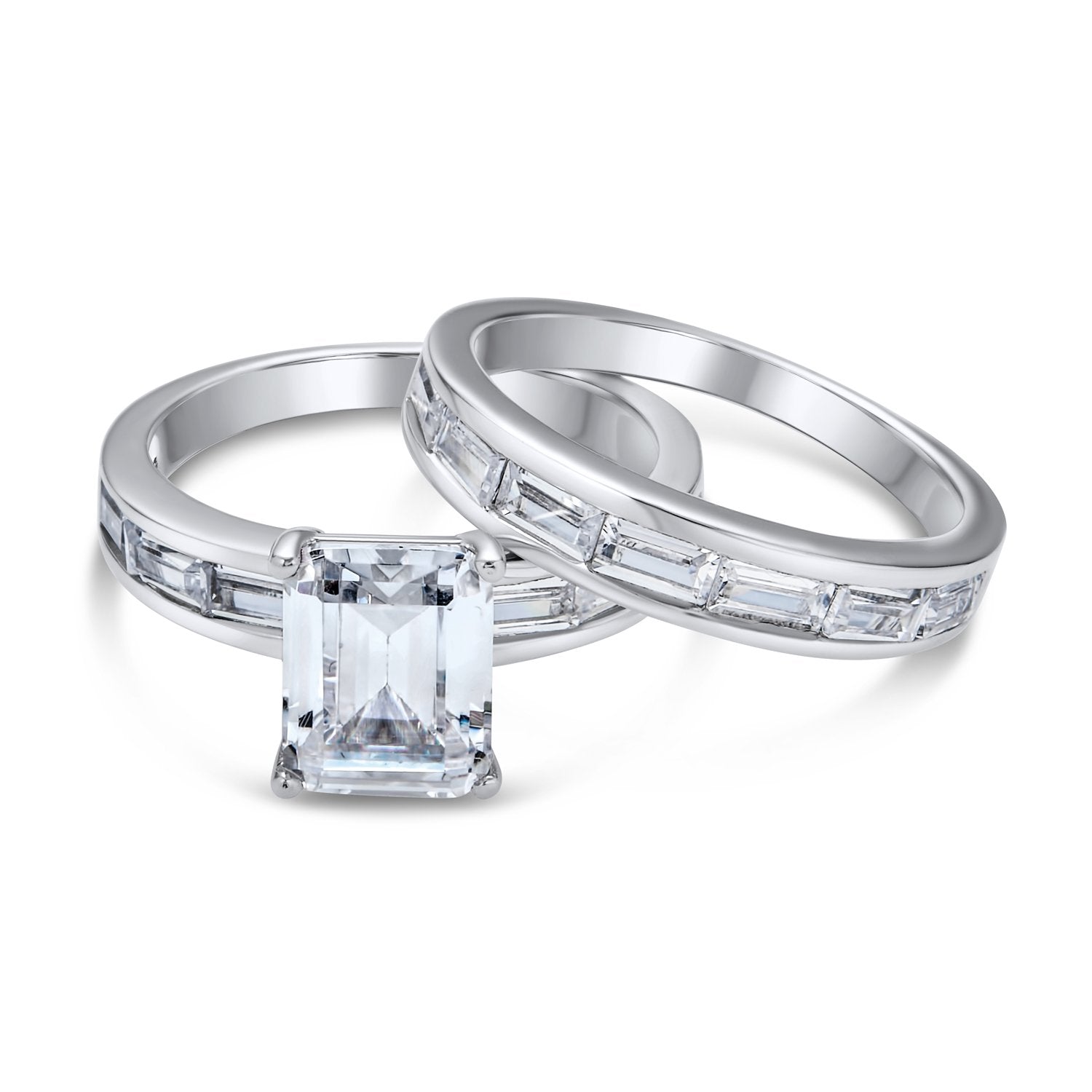 Art Deco 2CT Emerald Cut Baguette Band AAA CZ Engagement Ring Set - Joyeria Lady