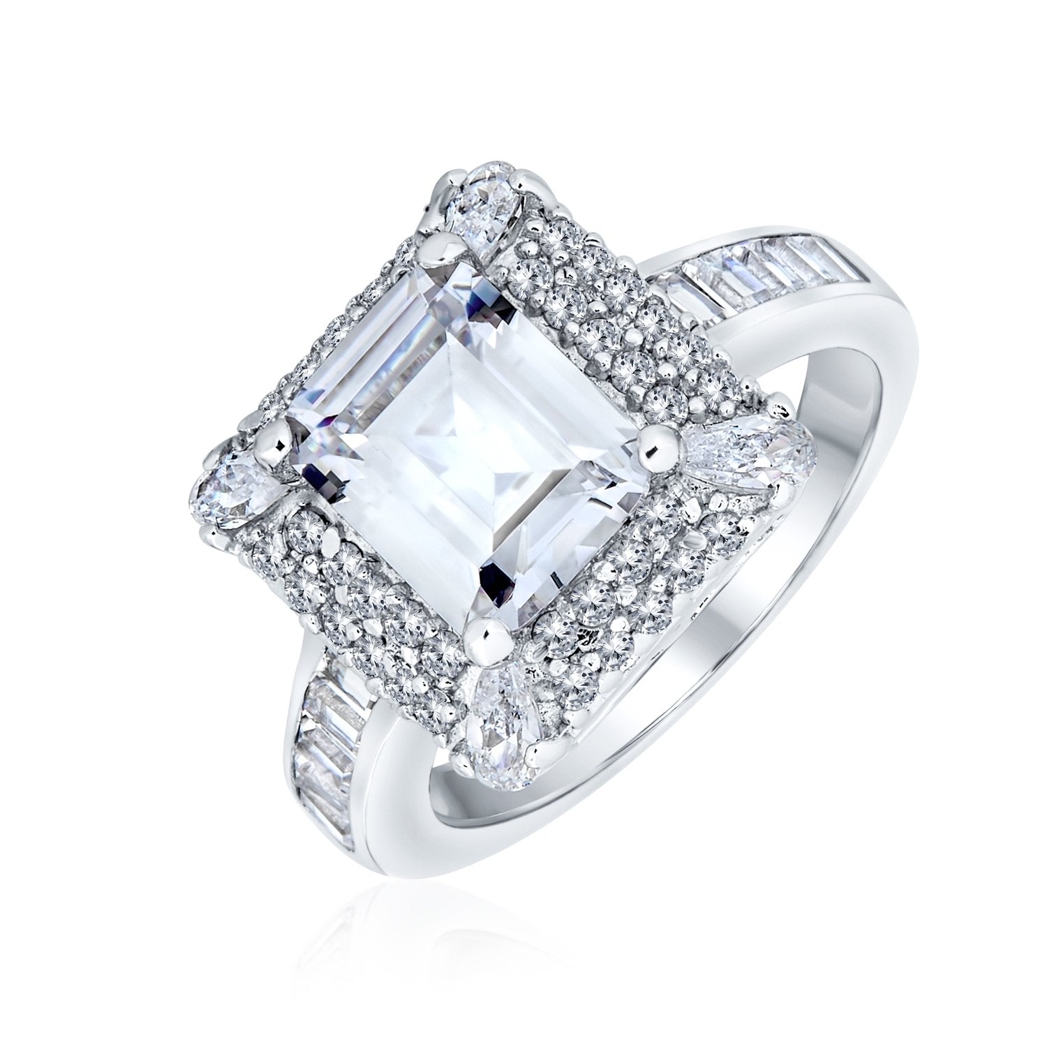 4CT Emerald Cut Halo AAA CZ Engagement Ring .925 Sterling Silver - Joyeria Lady