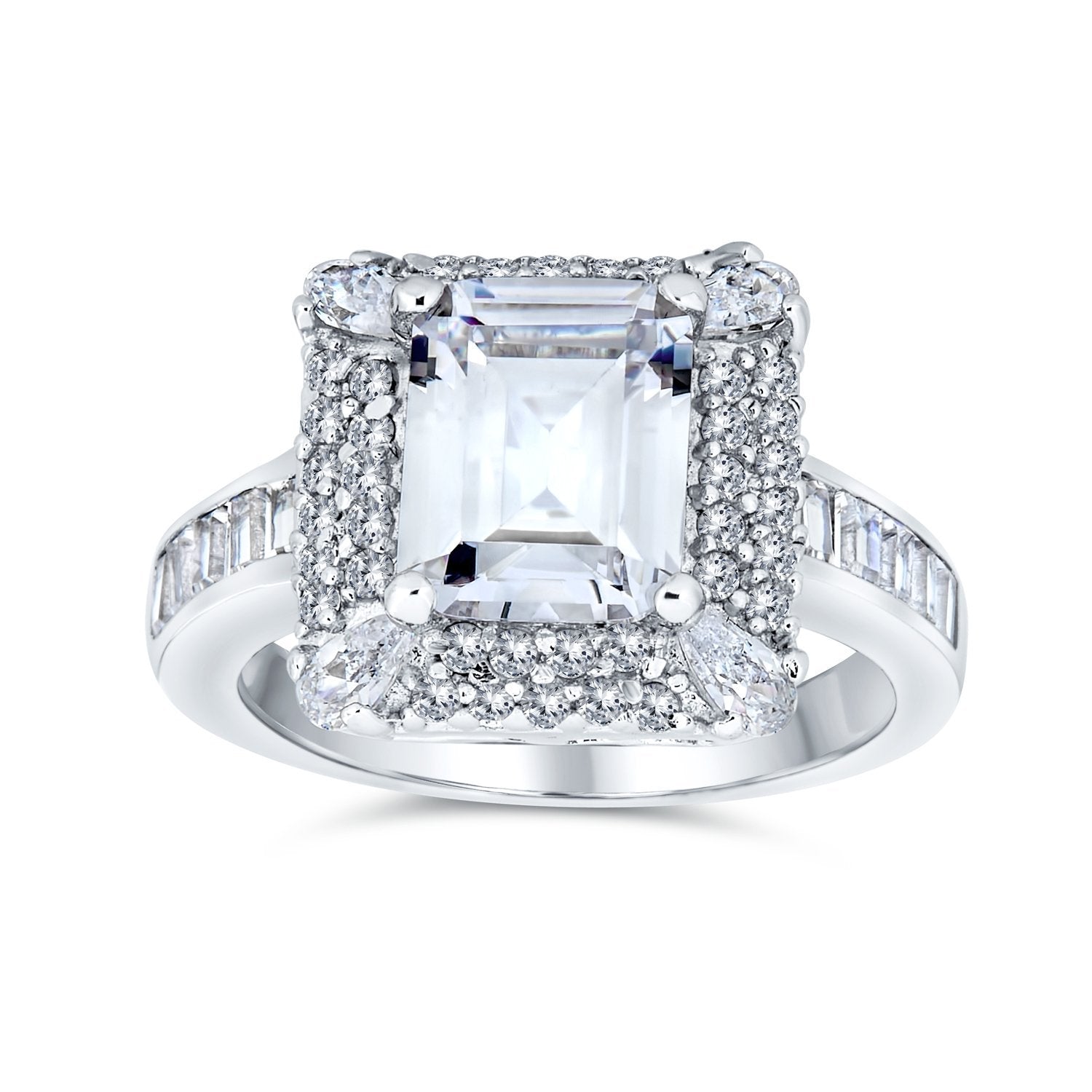 4CT Emerald Cut Halo AAA CZ Engagement Ring .925 Sterling Silver - Joyeria Lady