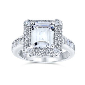4CT Emerald Cut Halo AAA CZ Engagement Ring .925 Sterling Silver