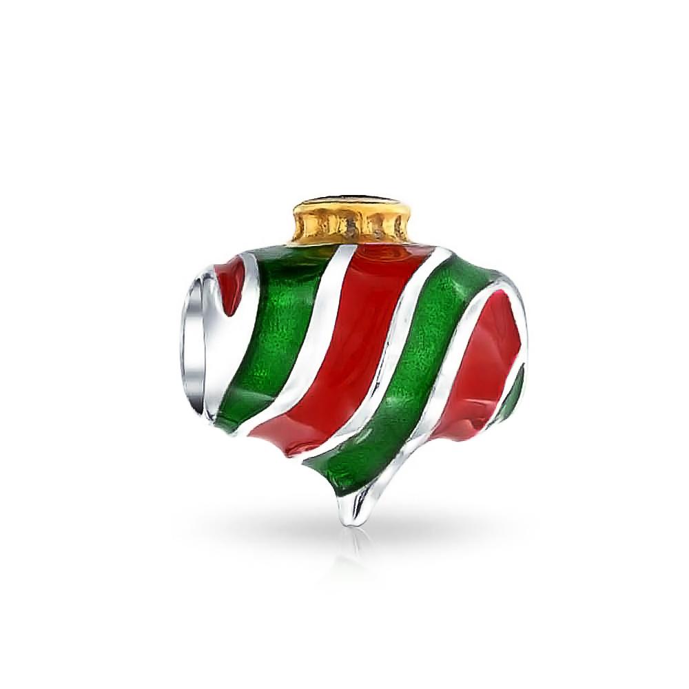 Christmas Red Green Stripe Ornate Charm Bead 925 Sterling Silver - Joyeria Lady
