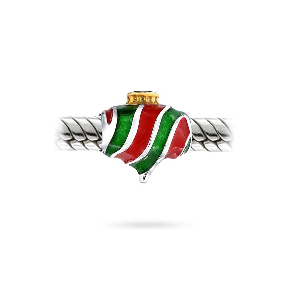 Christmas Red Green Stripe Ornate Charm Bead 925 Sterling Silver - Joyeria Lady