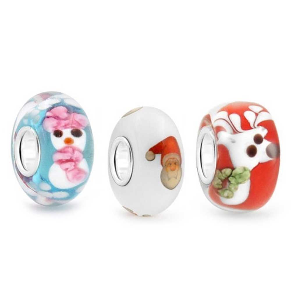 Reindeer Santa Snowman Glass Bead Fit Charm Bracelet Sterling Silver - Joyeria Lady