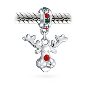 Christmas Red Nosed Reindeer Dangle Charm Bead 925 Sterling Silver