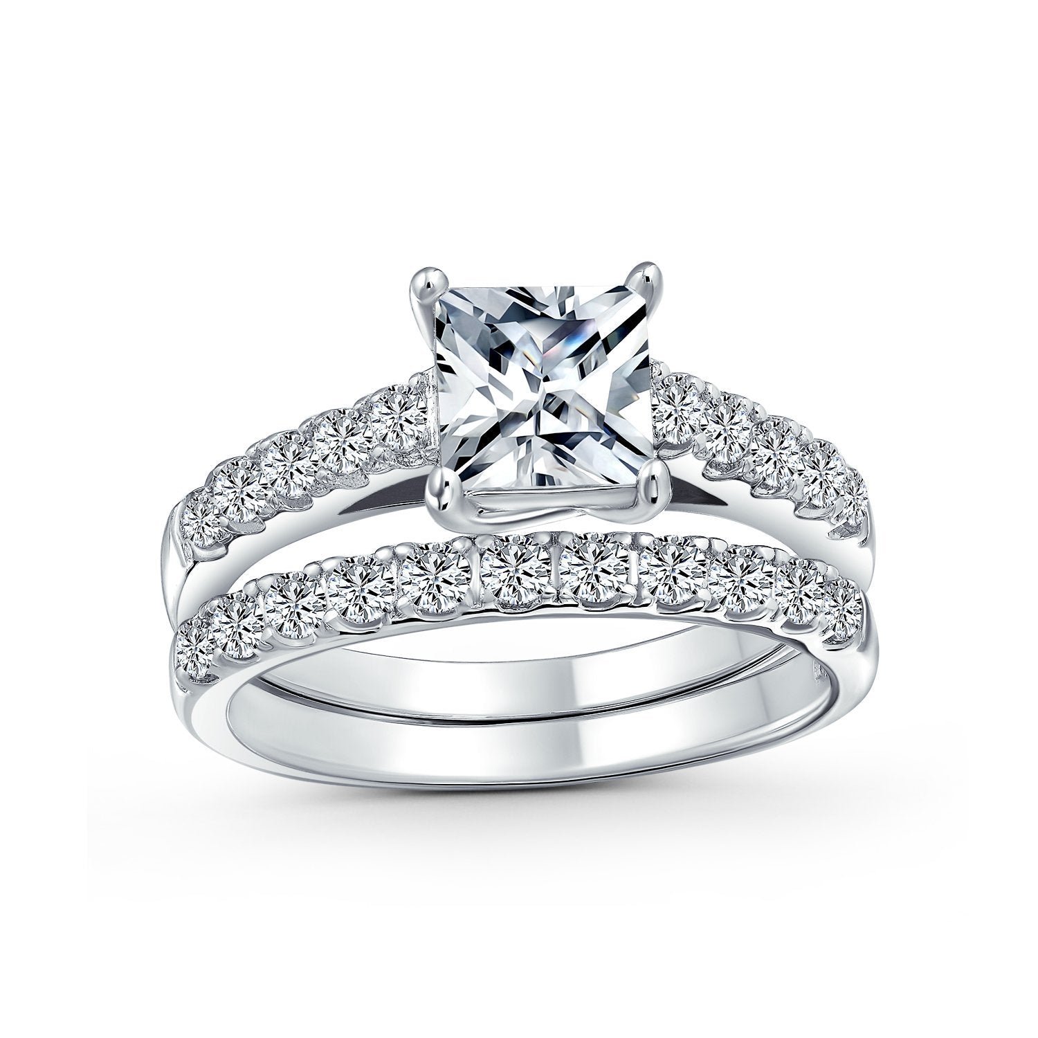 Juego De Anillos De Boda Plata Ley 925 Con Circonita - Corte Princesa 2 Quilates, Talla 3-11, Regalo Perfecto