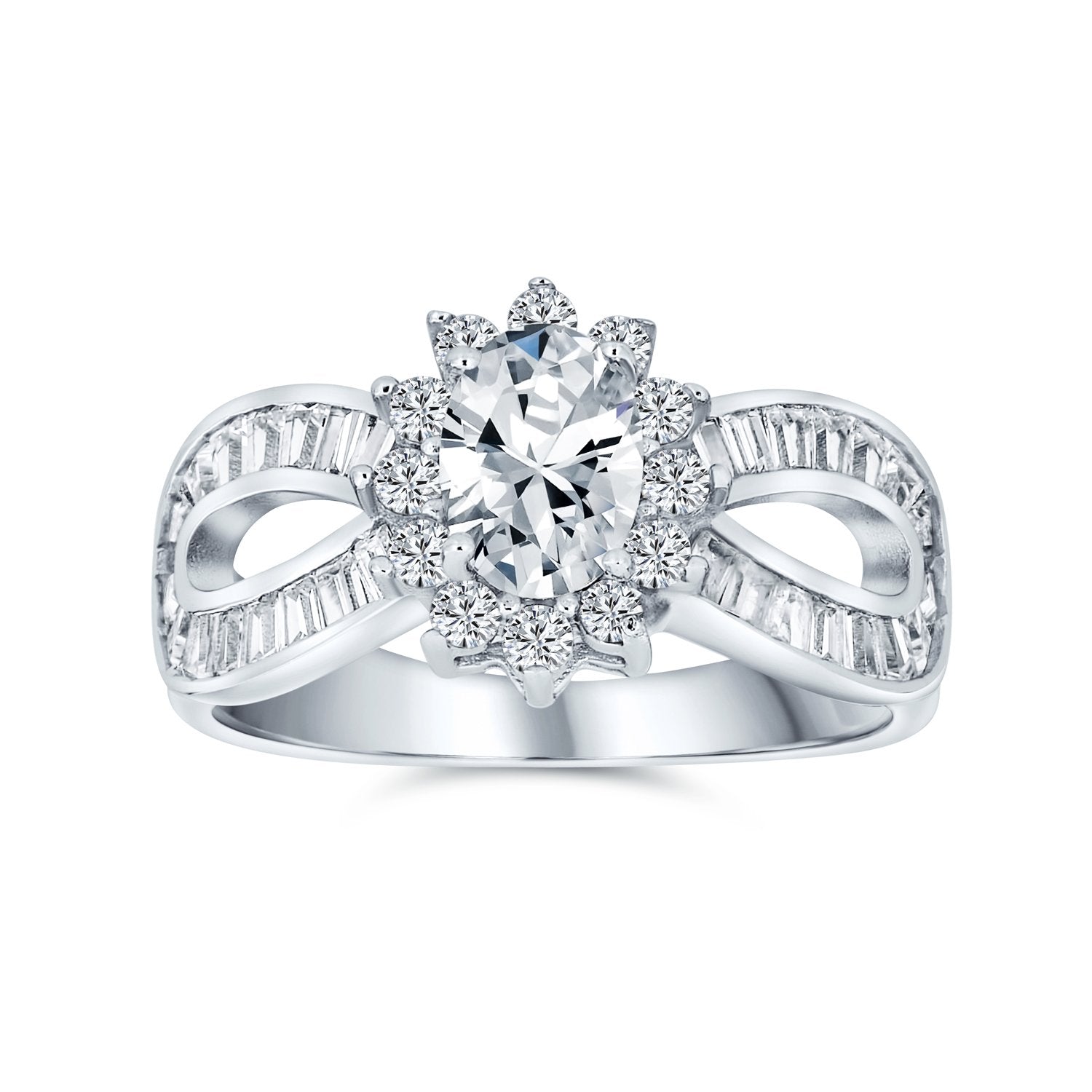 1CT Oval Halo AAA CZ Baguette Infinity Engagement Ring Sterling Silver - Joyeria Lady