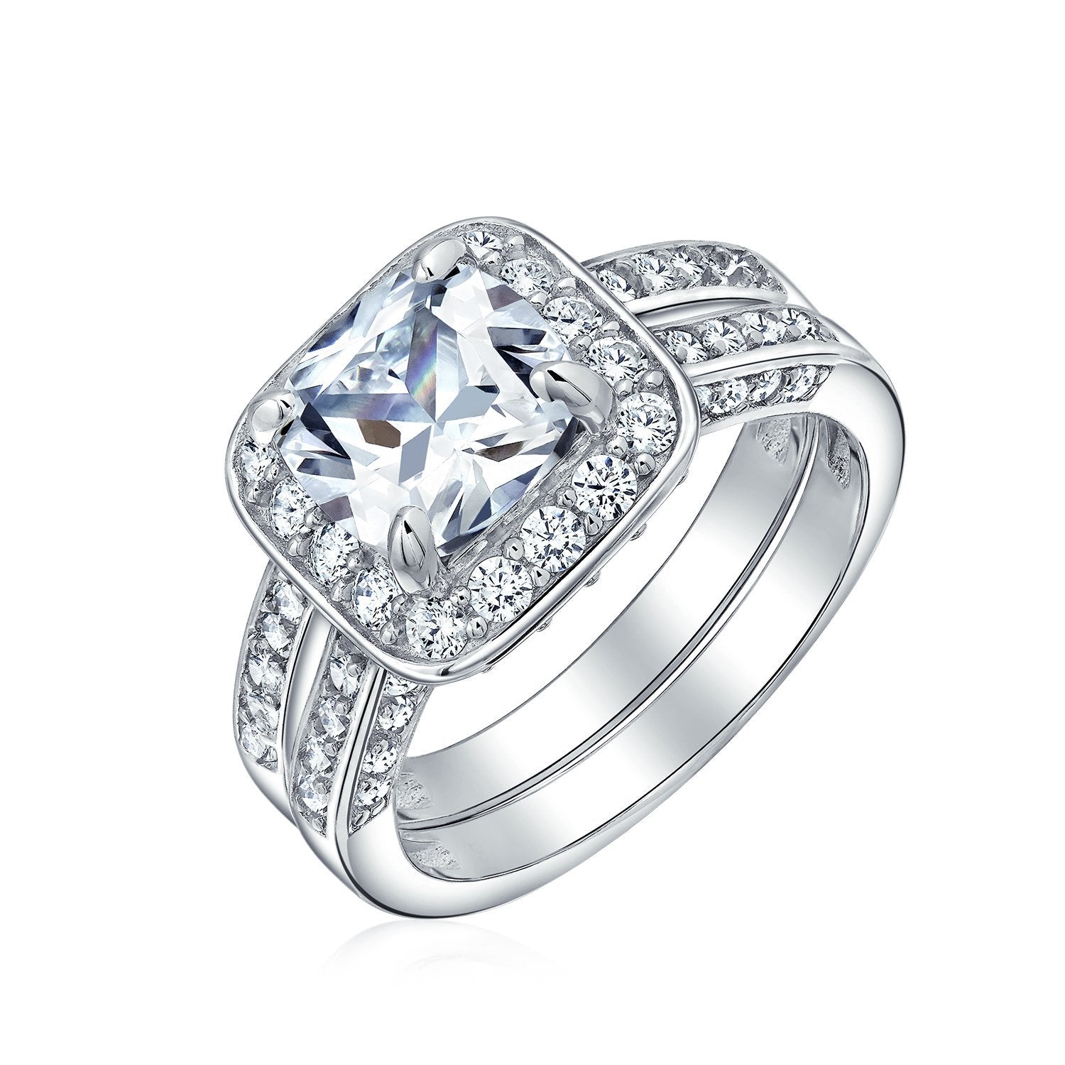 2CT Princess Cut Halo CZ Engagement Wedding Ring Set Sterling Silver - Joyeria Lady