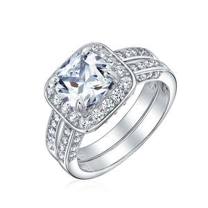 2CT Princess Cut Halo CZ Engagement Wedding Ring Set Sterling Silver