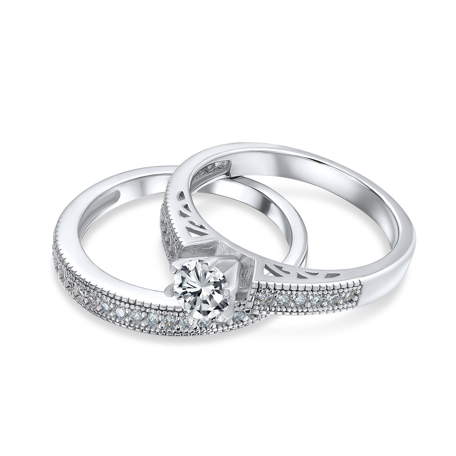 1.5CT Solitaire 6 Prong CZ Engagement Wedding Ring Set Sterling Silver - Joyeria Lady