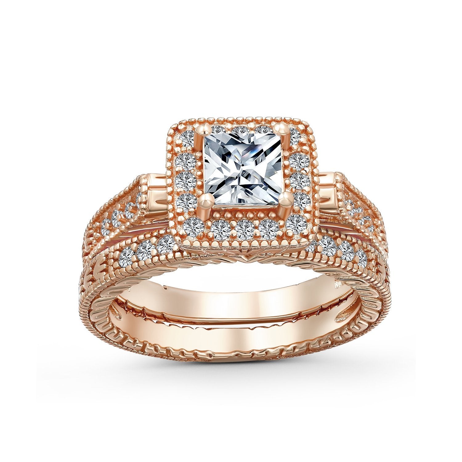 1CT Princess AAA CZ Engagement Wedding Ring Set 14K Plated 925 Silver - Joyeria Lady