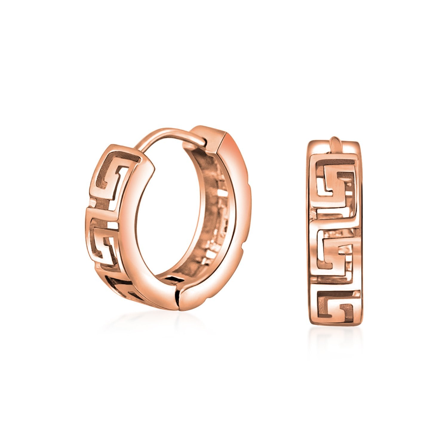 Greek Key Hoop Earrings Rose Gold Plated Sterling Silver Hinge - Joyeria Lady