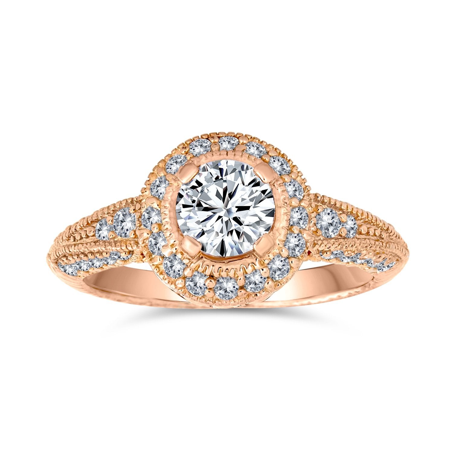 1CT Solitaire Halo AAA CZ Rose Plated Sterling Silver Engagement Ring - Joyeria Lady