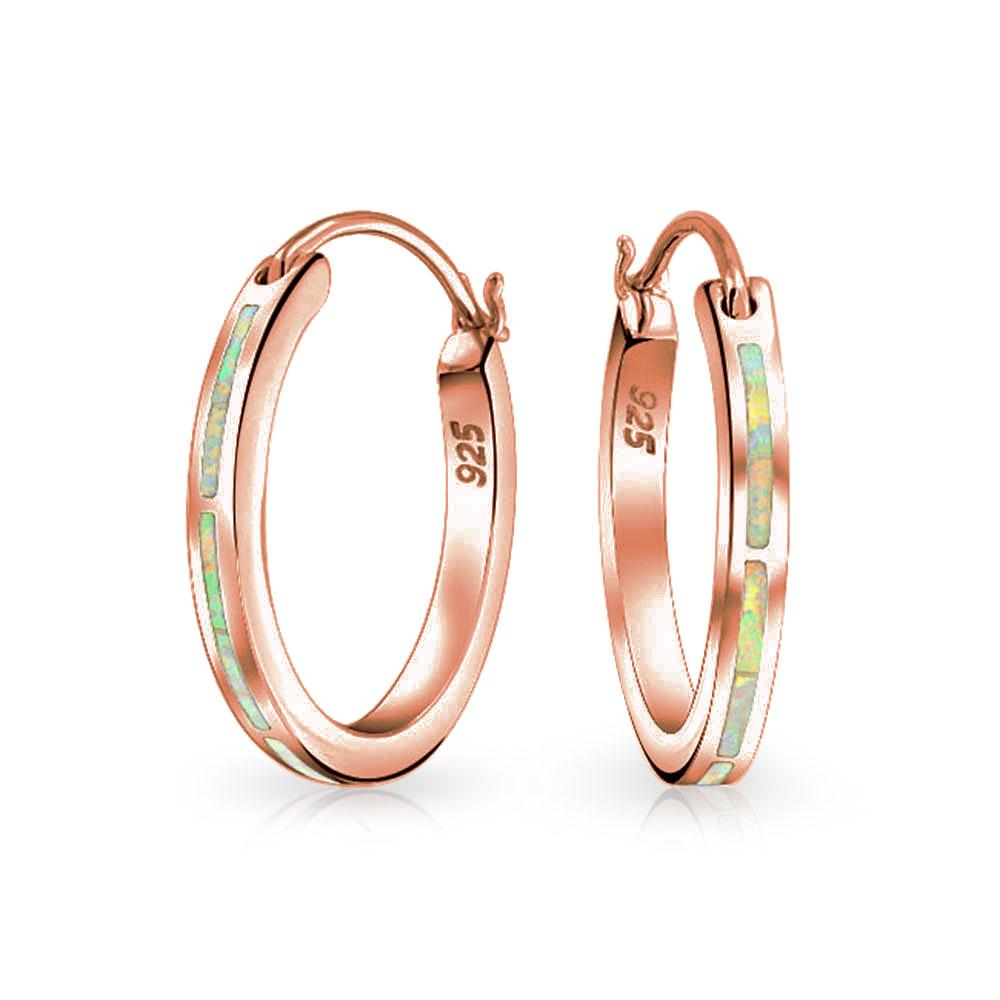 Created Pink Opal Flat Hoop Earrings Rose Gold Plated Sterling Silver - Joyeria Lady