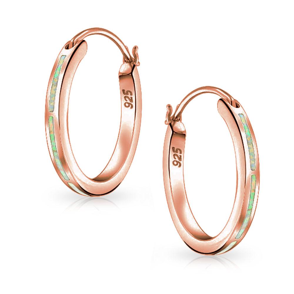Created Pink Opal Flat Hoop Earrings Rose Gold Plated Sterling Silver - Joyeria Lady