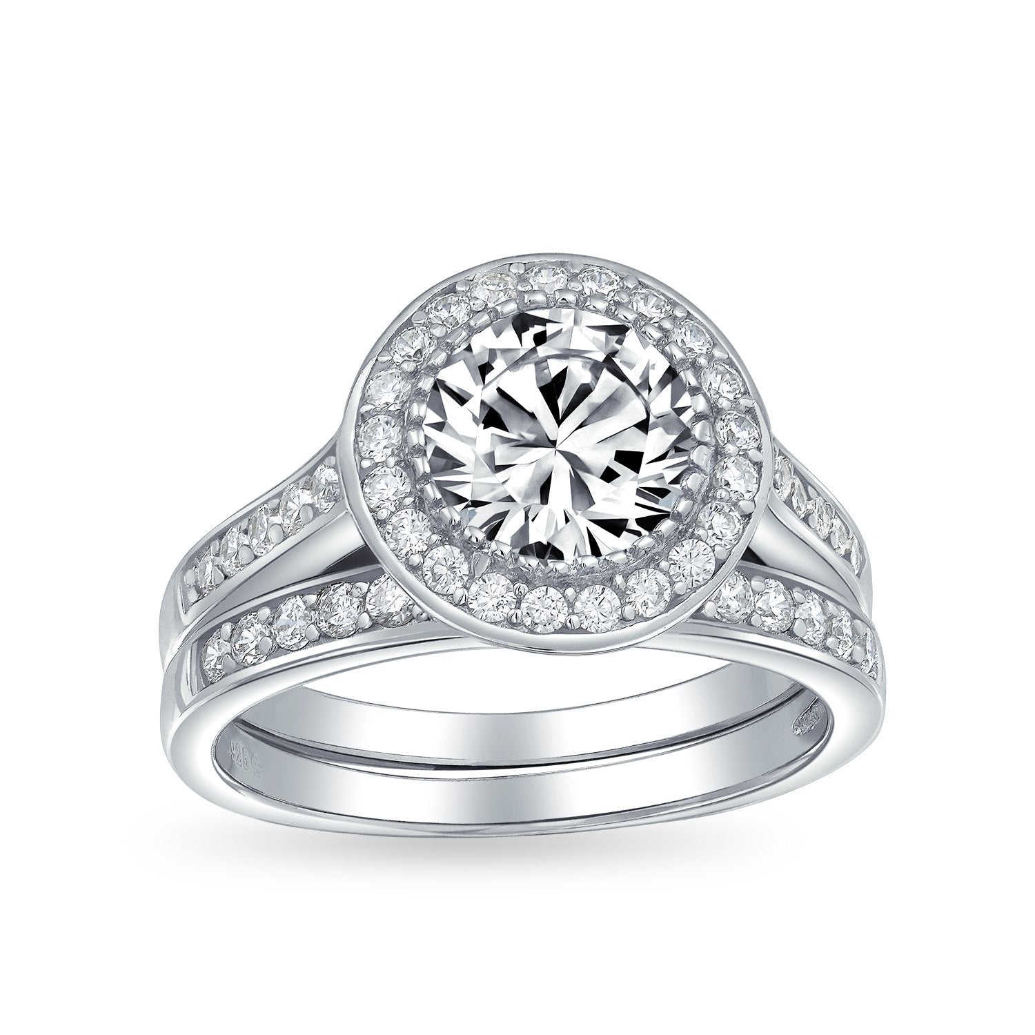 3CT Solitaire Halo AAA CZ Engagement Wedding Ring Set Sterling Silver - Joyeria Lady