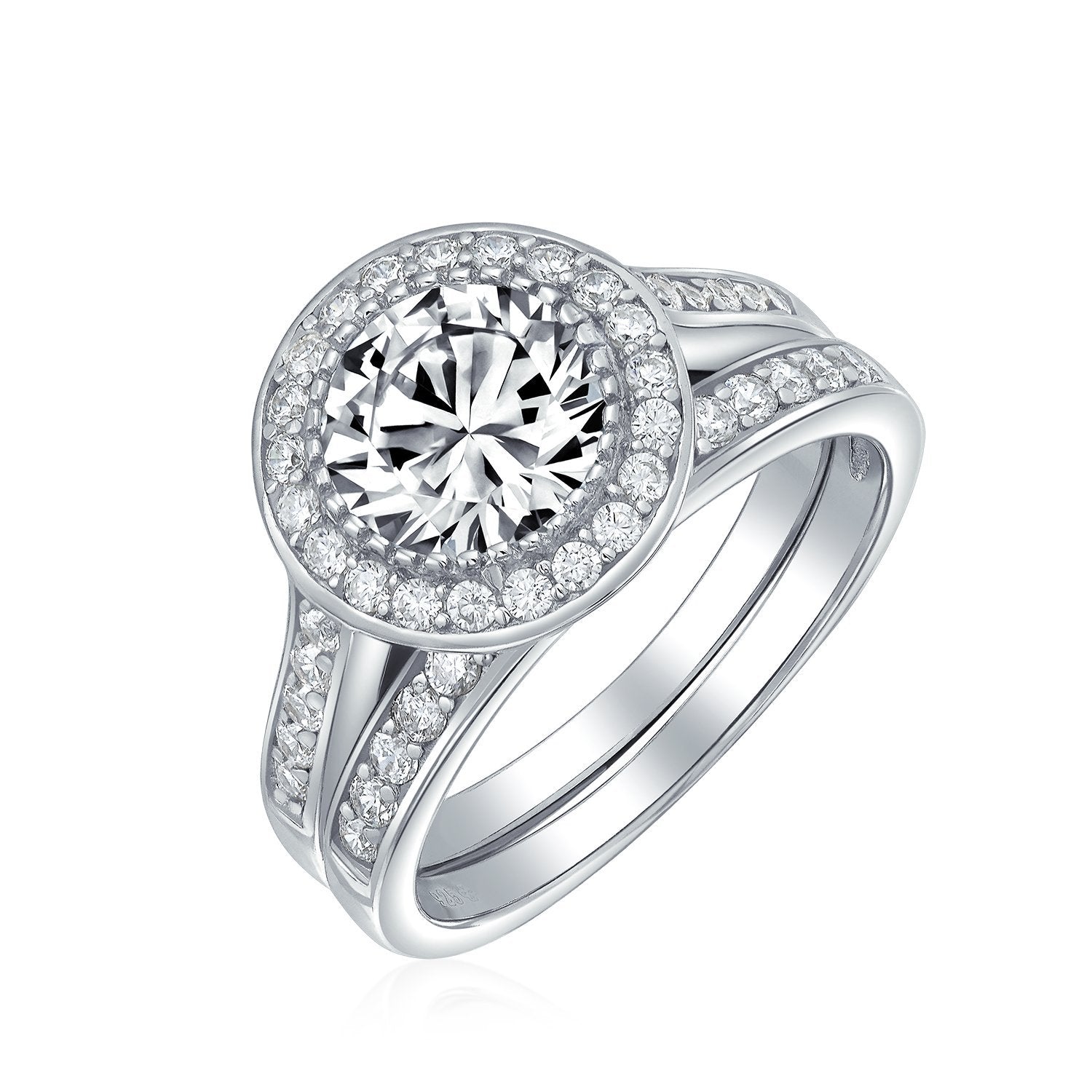 3CT Solitaire Halo AAA CZ Engagement Wedding Ring Set Sterling Silver - Joyeria Lady