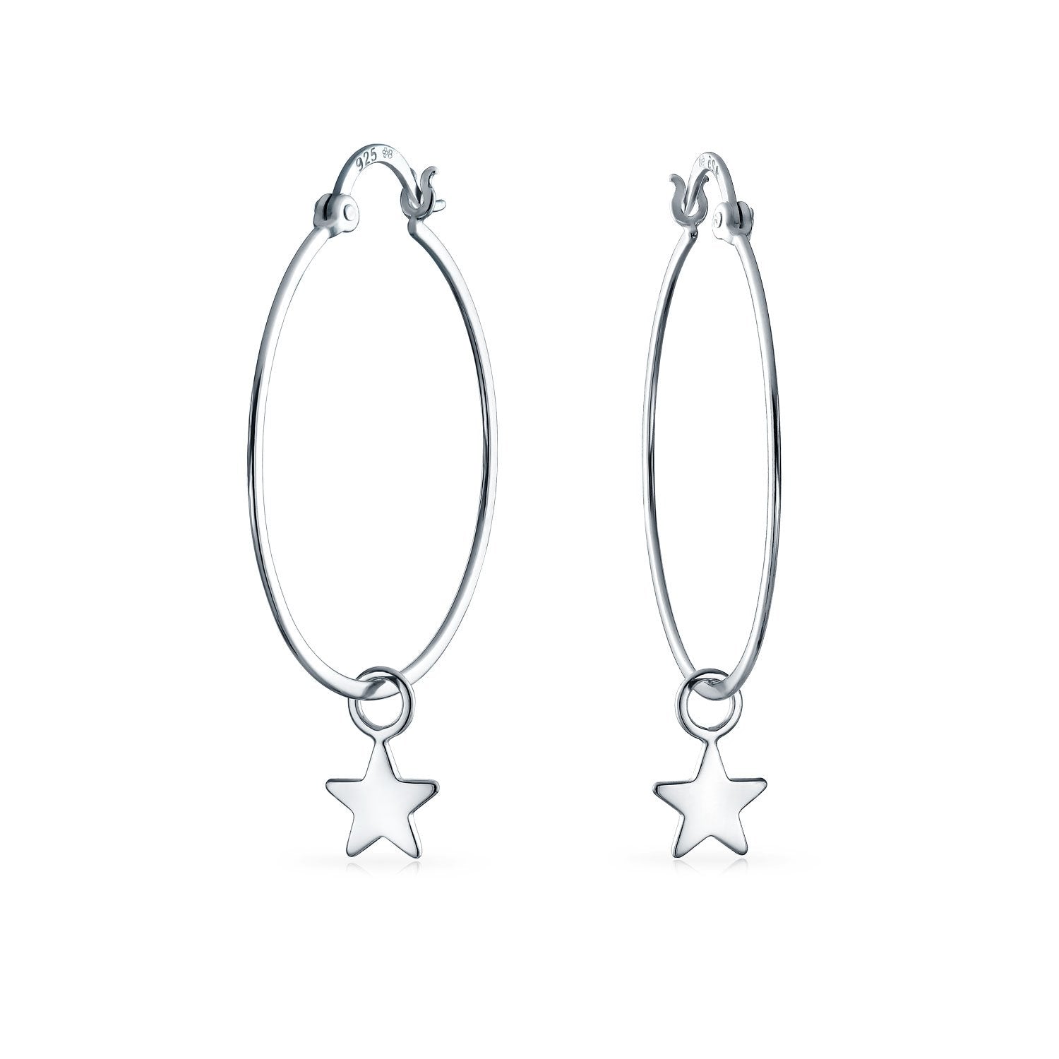Celestial Patriotic Star Dangle Charm Hoop Earrings Sterling Silver - Joyeria Lady