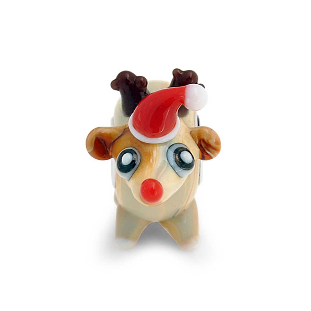 Santa Hat Rudolph Reindeer 3D Murano Glass Bead Charm Sterling Silver - Joyeria Lady